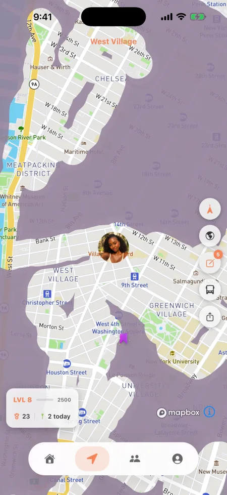 The Strolr map of New York, covered in fog except for the streets the explorer has walked.